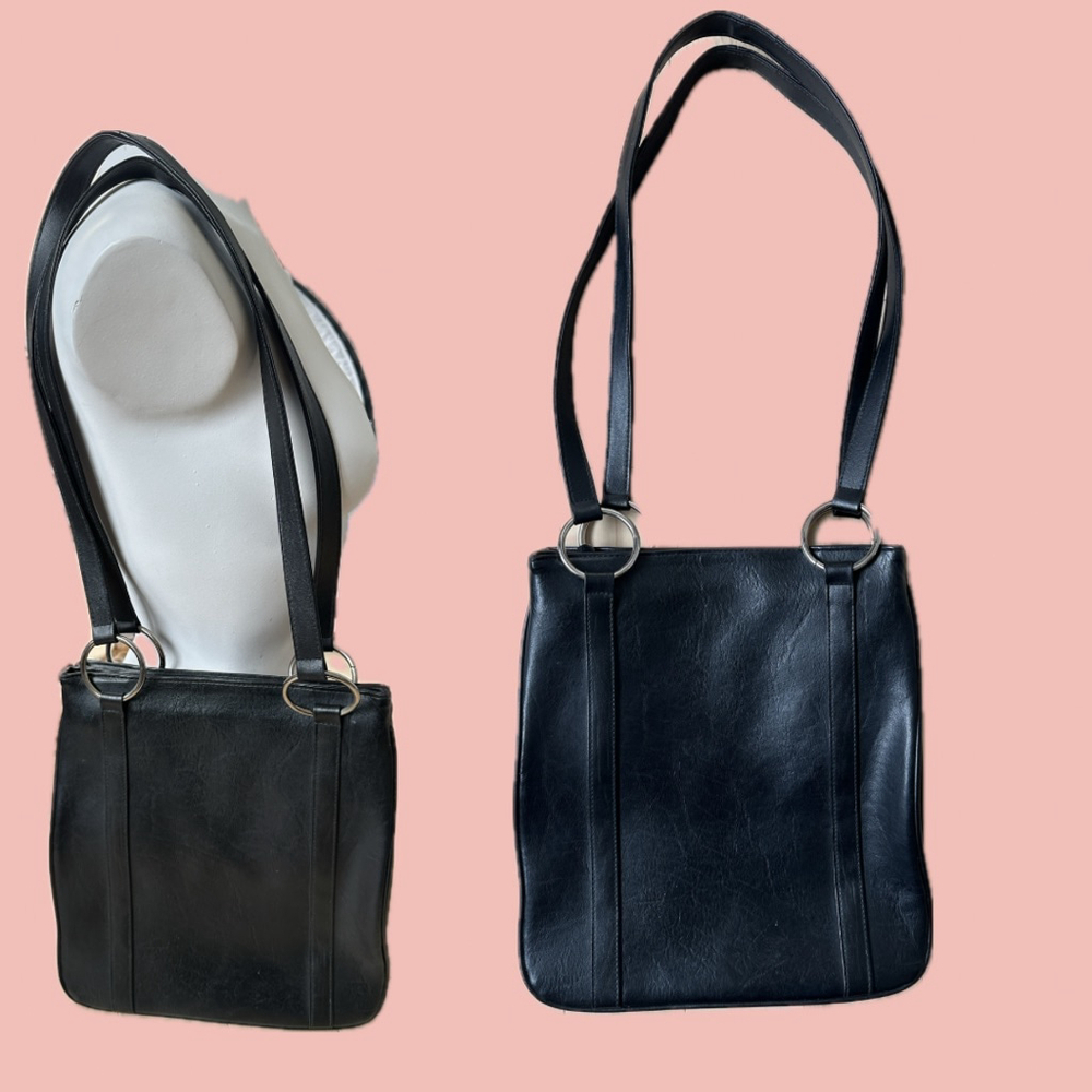 Black Leather Shoulder Bag Silver Ring Strap Minimal Y2K Tote